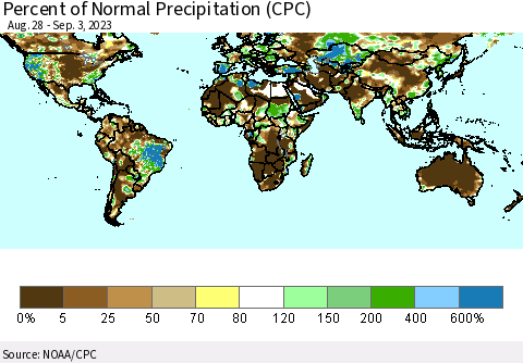 World Percent of Normal Precipitation (CPC) Thematic Map For 8/28/2023 - 9/3/2023