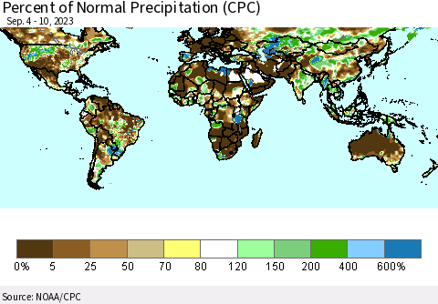 World Percent of Normal Precipitation (CPC) Thematic Map For 9/4/2023 - 9/10/2023