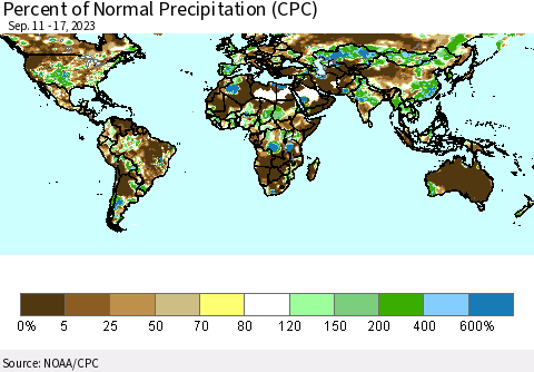 World Percent of Normal Precipitation (CPC) Thematic Map For 9/11/2023 - 9/17/2023