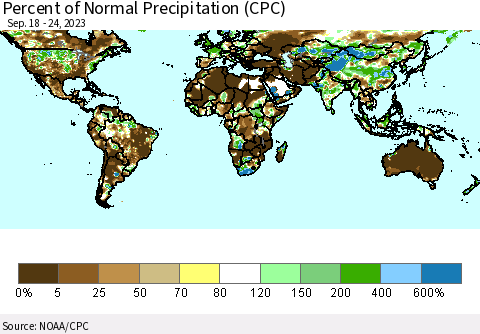 World Percent of Normal Precipitation (CPC) Thematic Map For 9/18/2023 - 9/24/2023