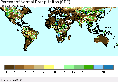World Percent of Normal Precipitation (CPC) Thematic Map For 9/25/2023 - 10/1/2023