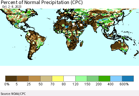 World Percent of Normal Precipitation (CPC) Thematic Map For 10/2/2023 - 10/8/2023