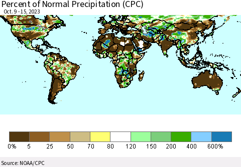 World Percent of Normal Precipitation (CPC) Thematic Map For 10/9/2023 - 10/15/2023