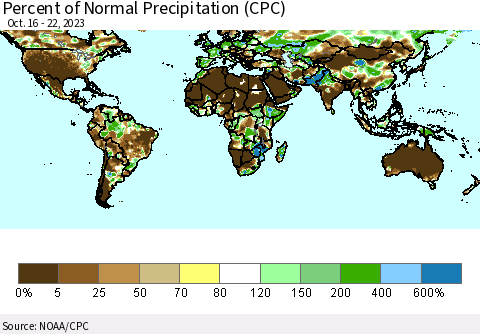 World Percent of Normal Precipitation (CPC) Thematic Map For 10/16/2023 - 10/22/2023