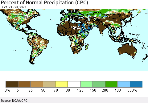 World Percent of Normal Precipitation (CPC) Thematic Map For 10/23/2023 - 10/29/2023
