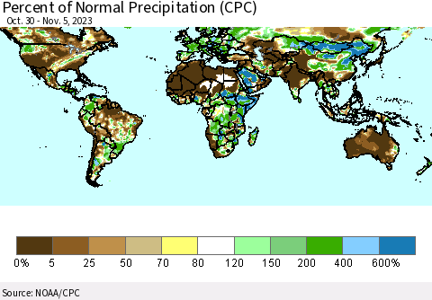 World Percent of Normal Precipitation (CPC) Thematic Map For 10/30/2023 - 11/5/2023