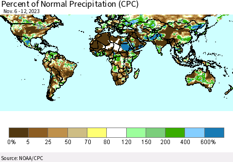 World Percent of Normal Precipitation (CPC) Thematic Map For 11/6/2023 - 11/12/2023