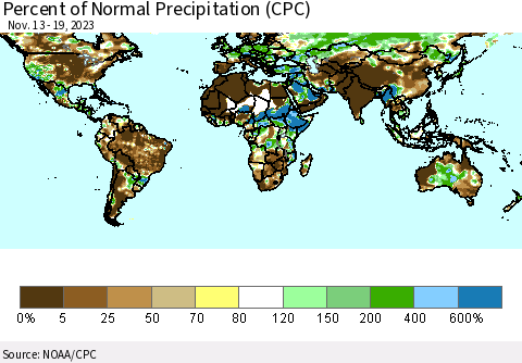 World Percent of Normal Precipitation (CPC) Thematic Map For 11/13/2023 - 11/19/2023