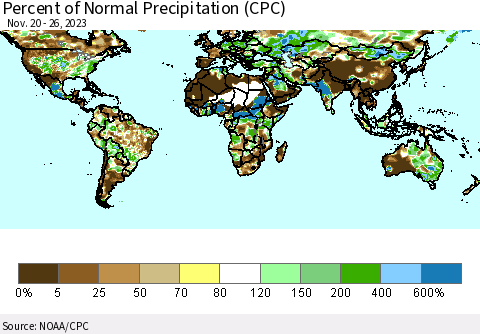 World Percent of Normal Precipitation (CPC) Thematic Map For 11/20/2023 - 11/26/2023