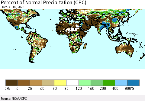 World Percent of Normal Precipitation (CPC) Thematic Map For 12/4/2023 - 12/10/2023