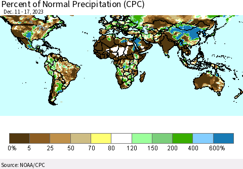World Percent of Normal Precipitation (CPC) Thematic Map For 12/11/2023 - 12/17/2023
