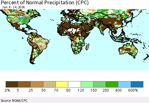 World Percent of Normal Precipitation (CPC) Thematic Map For 1/8/2024 - 1/14/2024