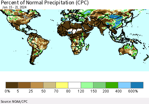 World Percent of Normal Precipitation (CPC) Thematic Map For 1/15/2024 - 1/21/2024