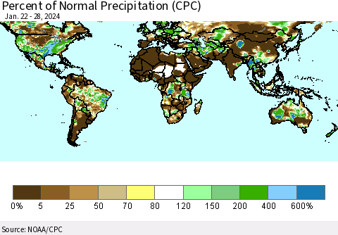 World Percent of Normal Precipitation (CPC) Thematic Map For 1/22/2024 - 1/28/2024