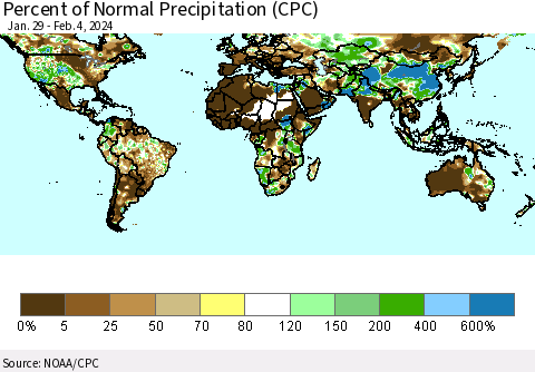 World Percent of Normal Precipitation (CPC) Thematic Map For 1/29/2024 - 2/4/2024