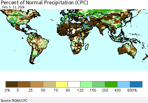 World Percent of Normal Precipitation (CPC) Thematic Map For 2/5/2024 - 2/11/2024