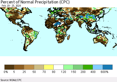 World Percent of Normal Precipitation (CPC) Thematic Map For 2/19/2024 - 2/25/2024