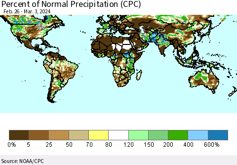 World Percent of Normal Precipitation (CPC) Thematic Map For 2/26/2024 - 3/3/2024