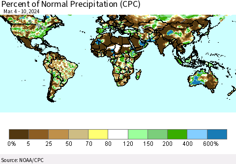 World Percent of Normal Precipitation (CPC) Thematic Map For 3/4/2024 - 3/10/2024