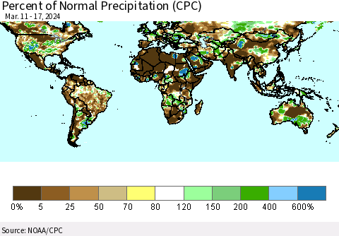 World Percent of Normal Precipitation (CPC) Thematic Map For 3/11/2024 - 3/17/2024