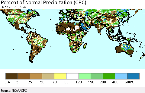 World Percent of Normal Precipitation (CPC) Thematic Map For 3/25/2024 - 3/31/2024