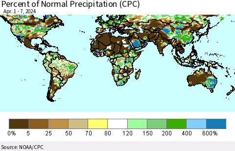World Percent of Normal Precipitation (CPC) Thematic Map For 4/1/2024 - 4/7/2024