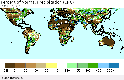 World Percent of Normal Precipitation (CPC) Thematic Map For 4/8/2024 - 4/14/2024