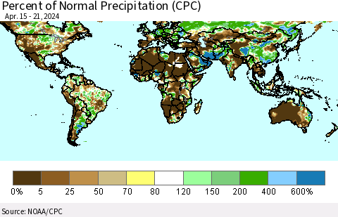 World Percent of Normal Precipitation (CPC) Thematic Map For 4/15/2024 - 4/21/2024