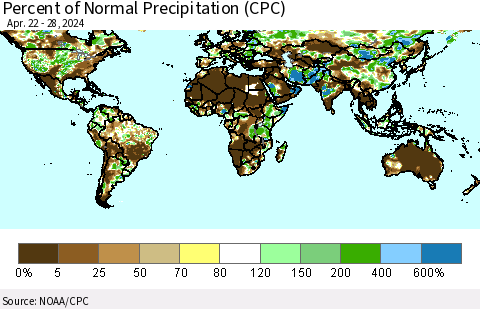 World Percent of Normal Precipitation (CPC) Thematic Map For 4/22/2024 - 4/28/2024