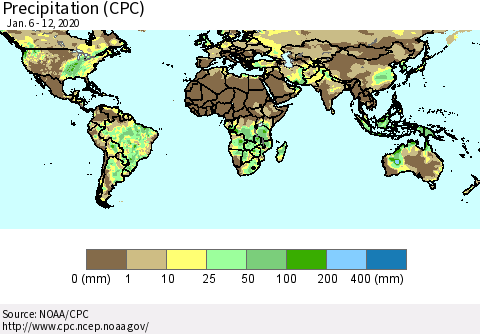 World Precipitation (CPC) Thematic Map For 1/6/2020 - 1/12/2020