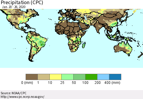 World Precipitation (CPC) Thematic Map For 1/20/2020 - 1/26/2020