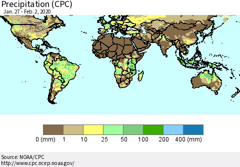 World Precipitation (CPC) Thematic Map For 1/27/2020 - 2/2/2020