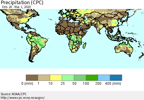 World Precipitation (CPC) Thematic Map For 2/24/2020 - 3/1/2020