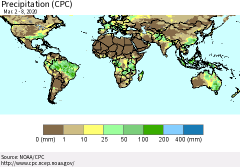 World Precipitation (CPC) Thematic Map For 3/2/2020 - 3/8/2020