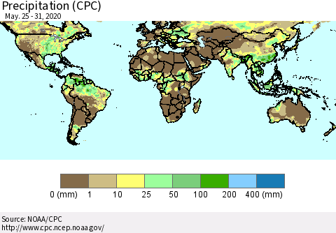 World Precipitation (CPC) Thematic Map For 5/25/2020 - 5/31/2020