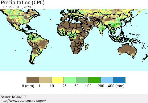 World Precipitation (CPC) Thematic Map For 6/29/2020 - 7/5/2020