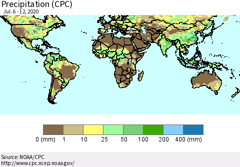 World Precipitation (CPC) Thematic Map For 7/6/2020 - 7/12/2020