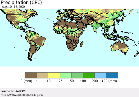 World Precipitation (CPC) Thematic Map For 8/10/2020 - 8/16/2020