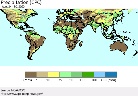 World Precipitation (CPC) Thematic Map For 8/24/2020 - 8/30/2020