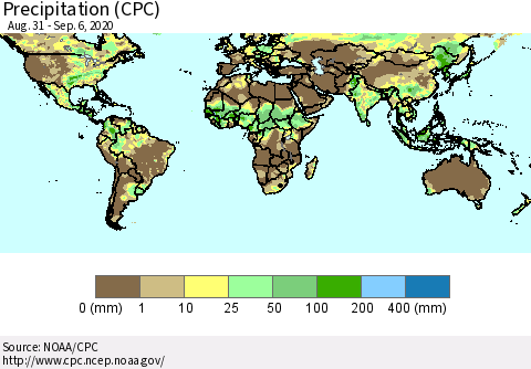 World Precipitation (CPC) Thematic Map For 8/31/2020 - 9/6/2020