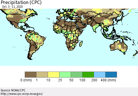 World Precipitation (CPC) Thematic Map For 10/5/2020 - 10/11/2020