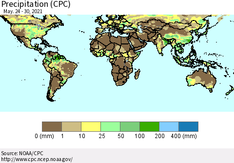 World Precipitation (CPC) Thematic Map For 5/24/2021 - 5/30/2021
