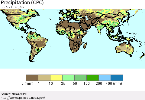 World Precipitation (CPC) Thematic Map For 6/21/2021 - 6/27/2021