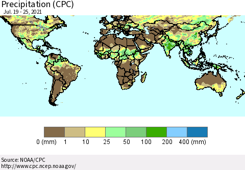 World Precipitation (CPC) Thematic Map For 7/19/2021 - 7/25/2021