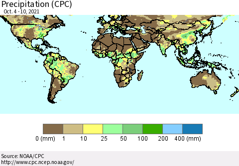 World Precipitation (CPC) Thematic Map For 10/4/2021 - 10/10/2021