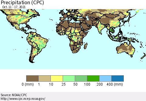 World Precipitation (CPC) Thematic Map For 10/11/2021 - 10/17/2021