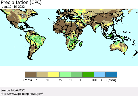 World Precipitation (CPC) Thematic Map For 1/10/2022 - 1/16/2022