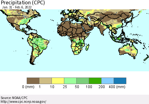 World Precipitation (CPC) Thematic Map For 1/31/2022 - 2/6/2022