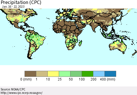 World Precipitation (CPC) Thematic Map For 1/16/2023 - 1/22/2023