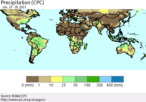 World Precipitation (CPC) Thematic Map For 1/23/2023 - 1/29/2023